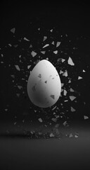 Shattered white egg on dark backdrop