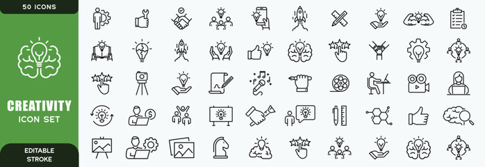 Creativity Line Editable Icons set. Vector illustration in modern thin line style of inventiveness related icons: imagination, innovation, inspiration, originality, and more