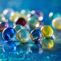 Glass marbles scattered on glossy blue surface with reflections, 