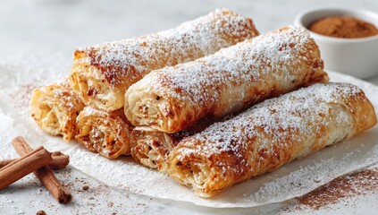 Sweet pastry rolls, dusted with powdered sugar