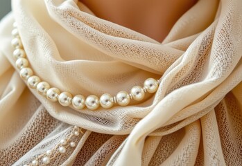 rows of clear beads hand sewn on chiffon scarf, catching light gently, elegant accessory detail, minimalist yet luxurious visual for soft fabric.
