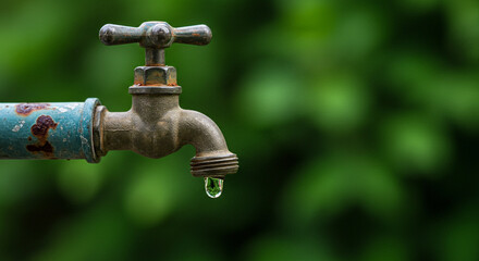 Dripping Tap Close-Up with Green Background