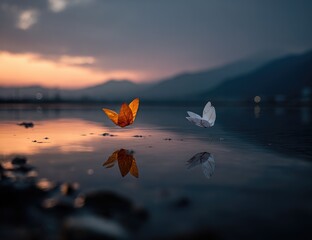 Two paper butterflies, orange and white, float over calm water at sunset