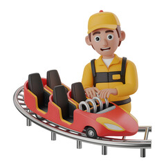 Naklejka premium Cartoon mechanic with red roller coaster isolated on a transparent background