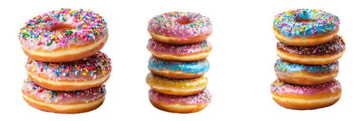Set of stacks of different donuts with colorful glaze and sprinkles isolated on transparent background PNG