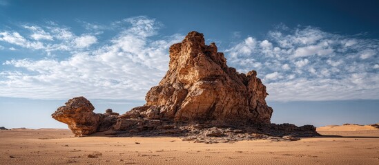 Dramatic desert rock formation under a vibrant sky