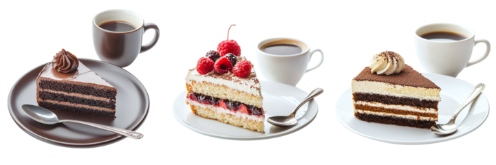 Set of cake pieces with cup of coffee isolated on transparent background PNG