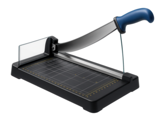 Desktop guillotine trimmer with a safety guard and scale markings for paper cutting in an office supplies production line