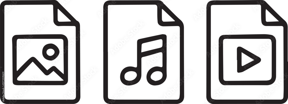 Poster text to media generate icons. image, audio and video file create by ai using prompt line art vector 