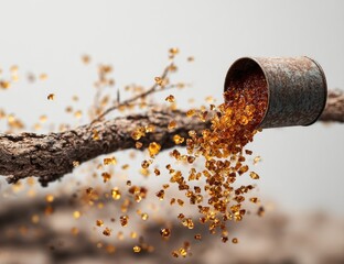 Rusty tin spills amber gems onto a weathered branch