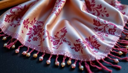 Naklejka premium rich silk shawl with bead tassel fringe, elegant drape and shimmer under lighting, traditional and luxurious textile accessory.