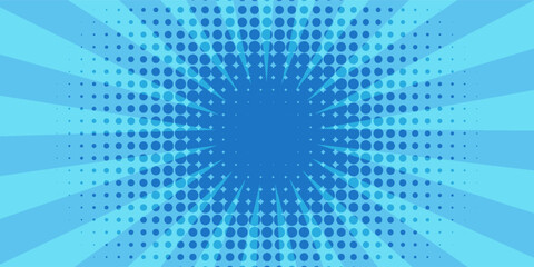 Anime explosion background with radial lines - dynamic starburst with speed motion effect. Blue and white halftone pattern for superhero action in manga comic book style.