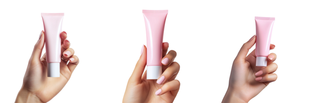 Set of tubes of cream mockup in a woman's hand isolated on transparent background PNG