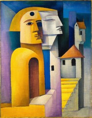 Abstract human figures, building. Cubism art style.