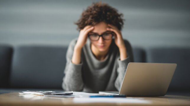 Young woman feeling stressed while managing monthly home budget, calculating expenses, and reviewing bills on a laptop, facing financial difficulties and anxiety