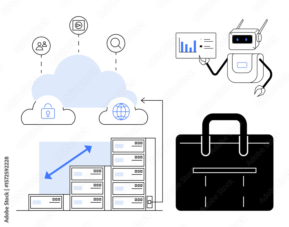 Poster cloud connection with data servers, automation robot holding analytics chart, and business bag. idea