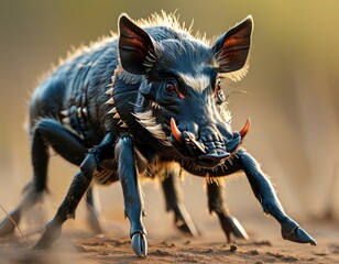 Hybrid animal between warthog and black tarantula.