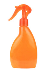 Bright orange spray bottle for cleaning or indoor work isolated on white background.