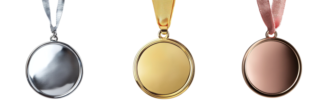 Set of bright beautiful gold, silver and bronze medals isolated on transparent background PNG - Powered by Adobe