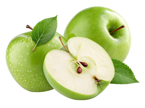 Fresh green apples with leaves closeup isolated on white background juicy healthy fruit photo