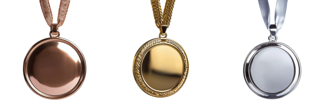 Set of bright beautiful gold, silver and bronze medals isolated on transparent background PNG - Powered by Adobe
