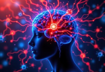 Obraz premium visualizing alcohol impairing brain's frontal cortex, decision making center, neural pathways glowing weakly, scientific infographic style.