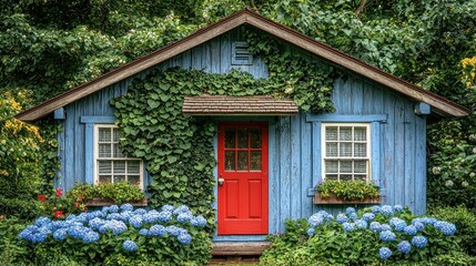 Blue cottage, red door, lush green ivy