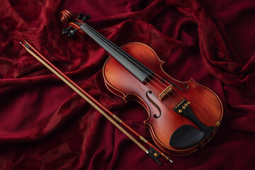 Violin on Red Velvet Fabric. A violin and bow on a red velvet fabric. Ideal for music-themed designs, classical concert promotions, or elegant decor.