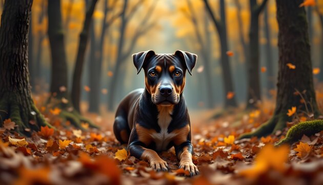 A photorealistic digital painting presents a short haired, muscular pitbull, its coat a striking patchwork of deep brown and near black hues, with lighter tan markings around its muzzle and chest