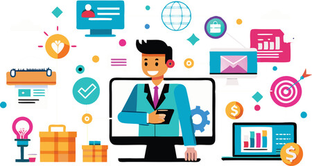 A collection of creative illustrations showcasing online marketing concepts such as e-commerce, digital advertising, data analytics, and network connection