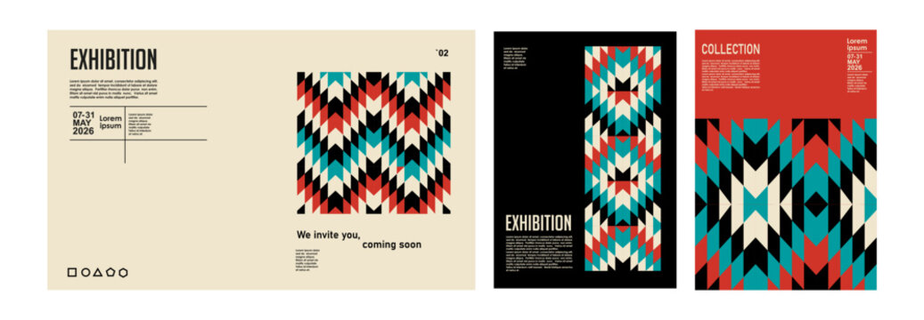 Creative editorial layouts with abstract ethnic motifs and exhibition titles, with a clean minimalist structural design