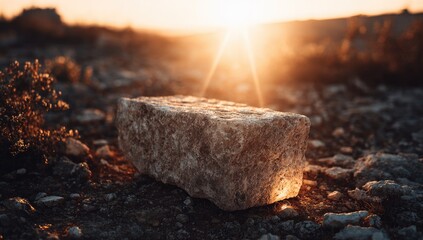 Large stone in sunlit landscape