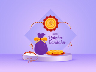 Happy Raksha Bandhan indian festival celebration 3d pedestal podium background design with gifts, sweets and Rakhi Sale banner or poster vector illustration.