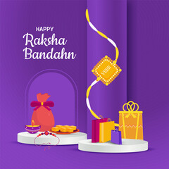 Happy Raksha Bandhan indian festival celebration 3d pedestal podium background design with gifts, sweets and Rakhi Sale banner or poster vector illustration.