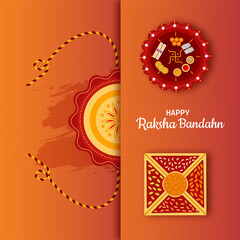 Happy Raksha Bandhan indian festival celebration card design, banner, poster vector illustration with dry fruits, Pooja thali and Rakhi.