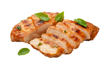 Crispy halal fried chicken breast piece isolated on a transparent background 