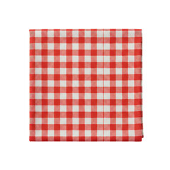 Neatly folded red and white gingham checkered napkin with crisp pattern and visible fabric texture, isolated on a transparent background in a precise top-down view. Concept of product neatness