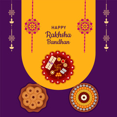 Happy Raksha Bandhan indian festival celebration card design, banner, poster vector illustration with dry fruits, Pooja thali and Rakhi. 