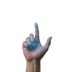 Obraz premium Human hand reaching upward with glowing fingertip against isolated transparent backdrop