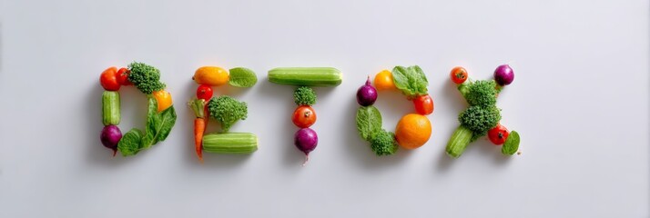 Fresh vegetables and fruits arranged to spell the word detox promoting healthy eating habits for body cleansing, weight loss, and overall well being