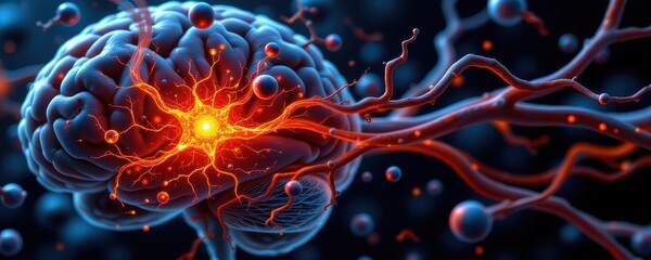 Fototapeta premium cross section of brain cells showing alcohol induced oxidative stress, glowing damaged membranes and disrupted signals.