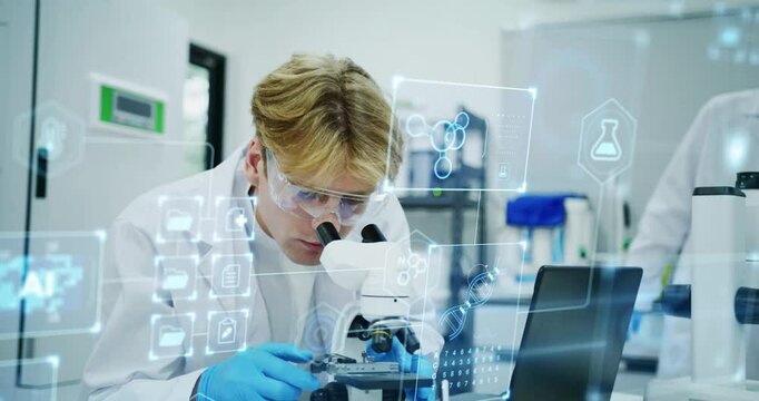 A researcher in a lab uses a microscope, takes notes, and integrates advanced AI technology to support innovative scientific research.