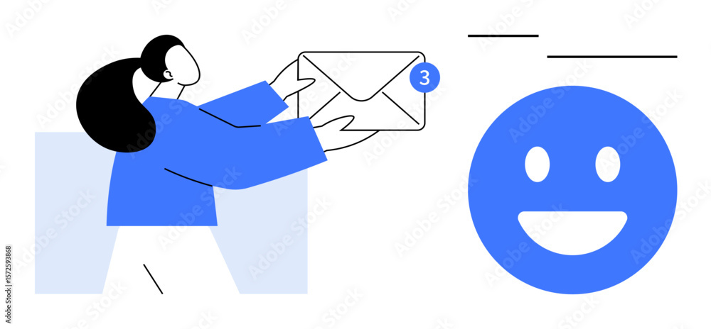 Poster woman reaching for an envelope with a notification badge, accompanied by a smiling emotion. ideal fo