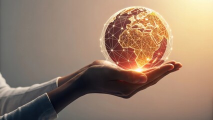 Holding the interconnected digital world in cupped hands with warm golden light illuminating the globe