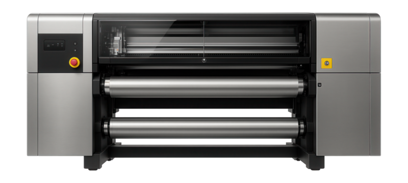 Large format industrial printer with a roll-to-roll media feed for printing signage in an advertising production company