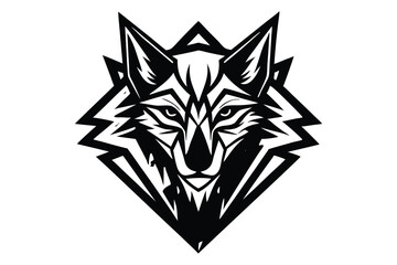 Striking monochromatic wolf head art shows bold geometric framing on a white background