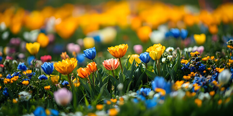 Vibrant spring flower field background with colorful tulips and various blossoms in a beautiful natural landscape