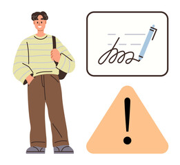 Young person wearing casual attire with a shoulder bag, accompanied by a signature board and an orange warning triangle. Ideal for education, responsibility, signing, caution, legal, communication