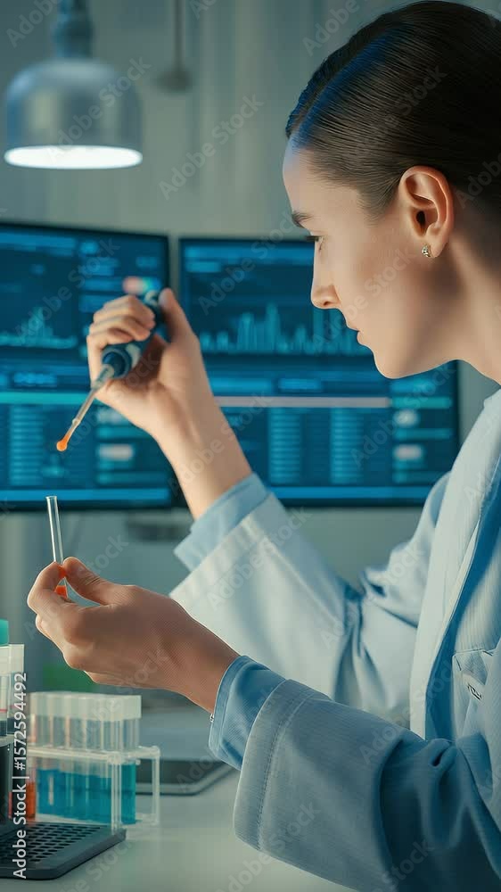 Poster scientist in the lab: a focused scientist, clad in a lab coat, carefully conducts an experiment with