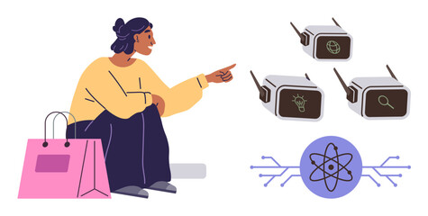 Woman seated with shopping bag pointing at drones with icons for global connectivity, innovation, and research. Ideal for technology, science, communication, innovation, education, e-commerce
